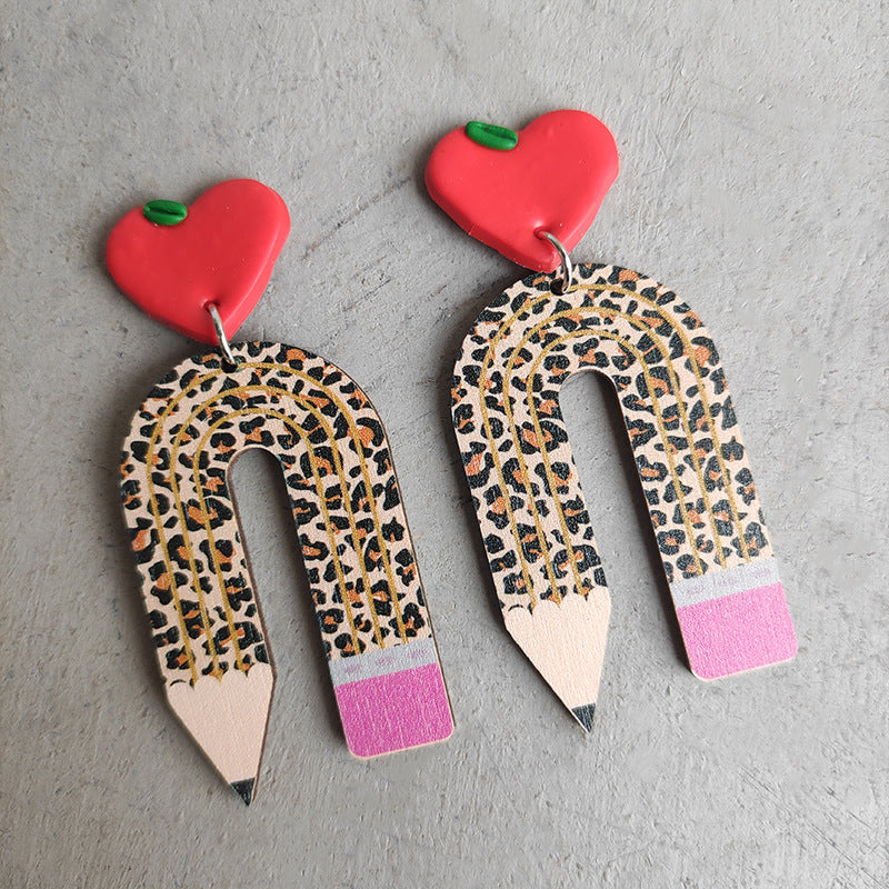 Wholesale leopard print pencil teacher wooden earrings